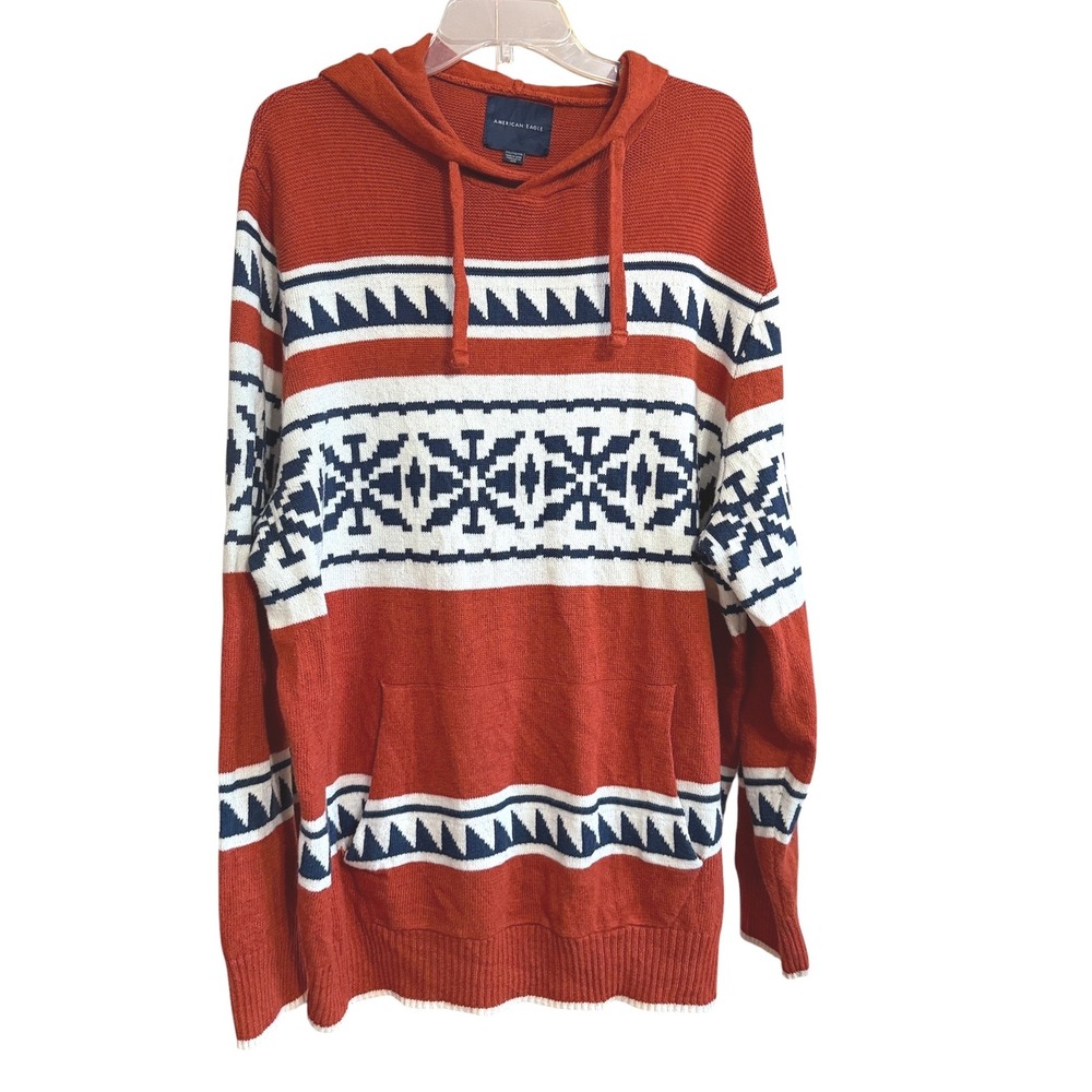 American Eagle Mens XXL Knit Hoodie Rust Orange Geometric Southwestern Sweater